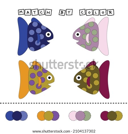 worksheet vector design, challenge to connect the  fishes with its color. Logic game for children.