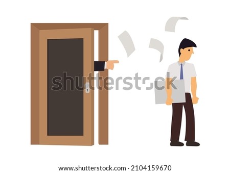 Angry boss throwing a pile of papers at the employee and ask him to get out of his office. Vector design illustrations.
