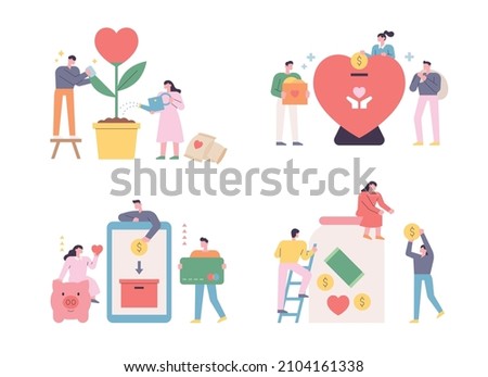 People making a donation concept illustration. Growing love in flowerpots, collecting money, making mobile donations and collecting money in glass bottles. flat design style.