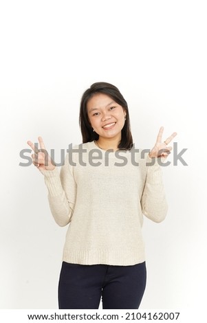 Showing Peace Sign of Beautiful Asian Woman Isolated On White Background