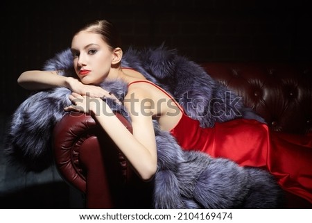 Elegant fashion model girl with evening make-up and hairstyle posing in red satin dress on a silver fox fur coat. Evening luxurious and glamorous fashion. Royalty-Free Stock Photo #2104169474