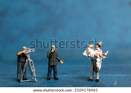 Miniature people Couple live stream marriage ceremony concept , Happy Valentines Day