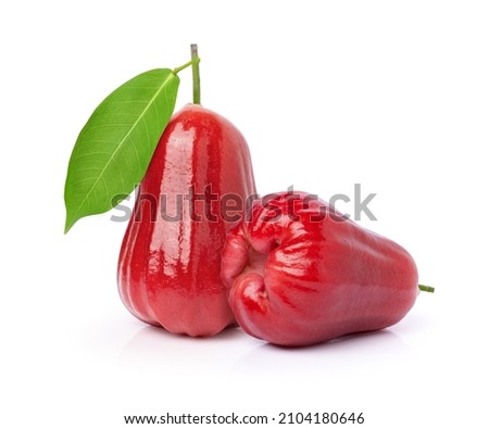 Red rose apple fruit with green leaf  isolated on white background. Royalty-Free Stock Photo #2104180646