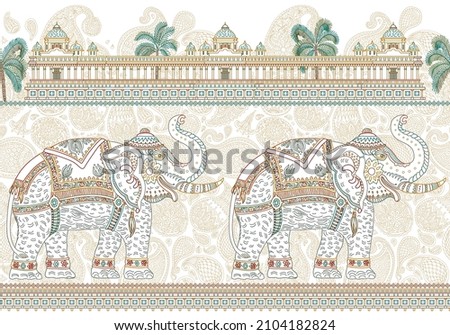 Vector seamless border pattern with ornate Indian elephant, tropical palm tree, antique temple. Colorful thin line, Paisley ornaments on a white background. Coloring book for adults and children Royalty-Free Stock Photo #2104182824