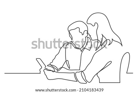 two young professionals discussing project as team on tablet continuous line drawing Royalty-Free Stock Photo #2104183439