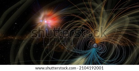 Electromagnetic fields around the Earth and the Sun. Elements of this image furnished by NASA. Royalty-Free Stock Photo #2104192001