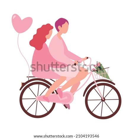 Valentine's day greeting card, couple on date, cycling, riding a bike, pink illustration on white background