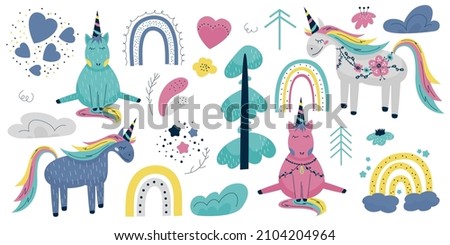 Nordic kids set. Scandinavian unicorn with flowers, trees, rainbows and hearts. Fairy horse for children in pastel colors. Stars, clouds and cute animals. Hand drawn trendy vector illustration.