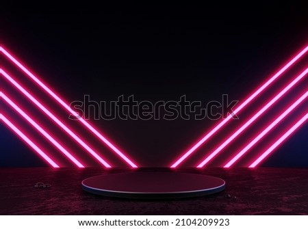 3D Rendering : Illustration of black metal podium or pedestal display on black and dark. Blank product shelf standing. glow neon light. pink neon laser light. virtual reality sci-fi concept