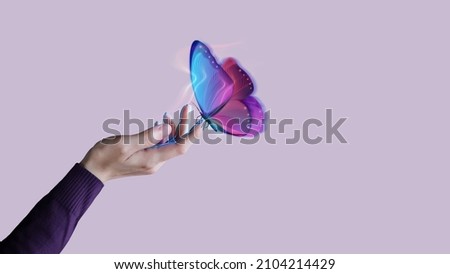 Biosensor Technology Concepts. using for New Experiences with Metaverse, Web3 and Blockchain. Hand Interacting with the Computer Graphic Surrealism Butterfly via Biosensor Tech Royalty-Free Stock Photo #2104214429