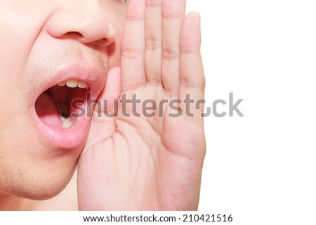 Man say, talking, hold hand near open mouth gesture to empty copy space, concept of speaking
