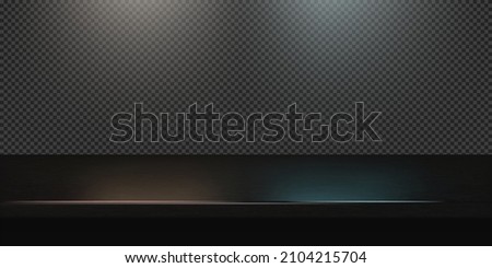 Black gold steel countertop, empty shelf. Vector realistic mockup of table top, kitchen counter on transparent background with spot light. Bar desk surface in foreground Royalty-Free Stock Photo #2104215704