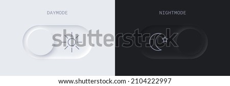Daymode and nightmode slide neumorphic buttons set vector illustration. Light day and dark night sliders combination with moon and sun symbols for website navigation, soft UI elements with time panel Royalty-Free Stock Photo #2104222997