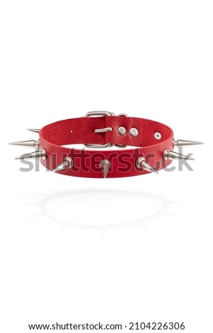 Detail shot of red leather collar with steel sharp thorns and metal buckle. Stylish adjustable choker is isolated on the white background.   Royalty-Free Stock Photo #2104226306