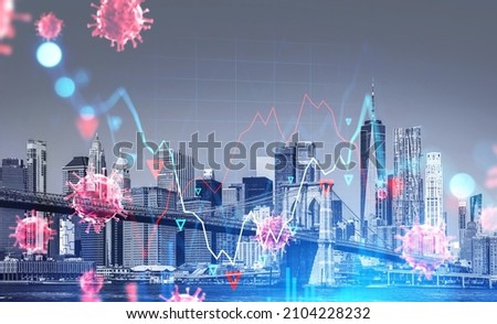 New York city and SARS-CoV-2 coronavirus variant, omicron. Financial chart with lines dynamics, falling and rising. Concept of business and economic crisis