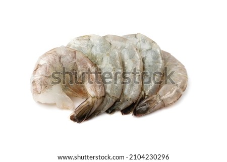Fresh shrimp tails isolated. Raw headless prawn, pacific shrimp, uncooked tiger prawns, jumbo seafood on white background