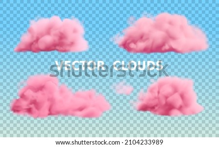 Realistic pink clouds set isolated on transparent background. Vector fluffy smoke collection in a blue sky. Royalty-Free Stock Photo #2104233989