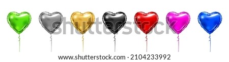 Heart foil balloon in different colors. Golden, silver and red vector heart shape air balloons set. Valentine day or birthday party decoration elements.