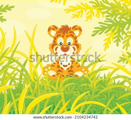 Friendly smiling cute baby tiger sitting on green grass of a forest glade on a beautiful sunny day, vector cartoon illustration