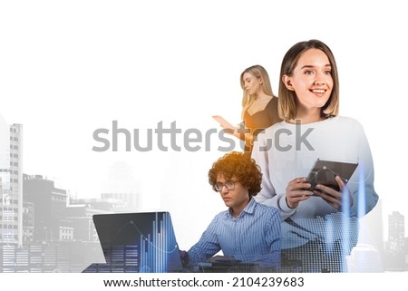 Businessman with laptop and businesswoman with tablet smiling, team using devices, double exposure, financial bar chart and network, icons. Concept of management