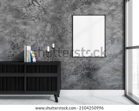 Dark living room interior with empty white poster, panoramic window, sideboard with books, candles and concrete floor. Perfect place for meeting and waiting. Mock up. 3d rendering