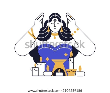 Witch during magic esoteric ritual with candles. Clairvoyant woman invoking spirits. Psychic medium telling future. Magician practicing rite. Flat vector illustration isolated on white background Royalty-Free Stock Photo #2104259186