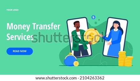 A man sends money from a smartphone to a woman. People make contactless currency transactions on the internet. Digital bank or e-wallet phone app. Vector flat illustration for banners, webpage.