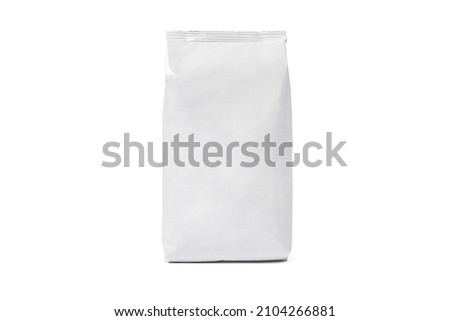Coffee bag mockup isolated on white background. Front View. White package for tea, biscuit. Paper pouch, milk pack. Snack package blank, glossy flex box. Juice paper container. Foil bag for food. Royalty-Free Stock Photo #2104266881