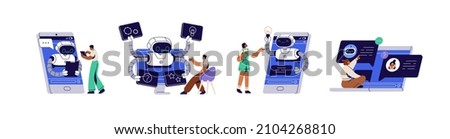 Online communication with chat bot concept. Robot answer customer in chatbot service. Dialog between AI assistant and user in messenger. Flat graphic vector illustration isolated on white background Royalty-Free Stock Photo #2104268810
