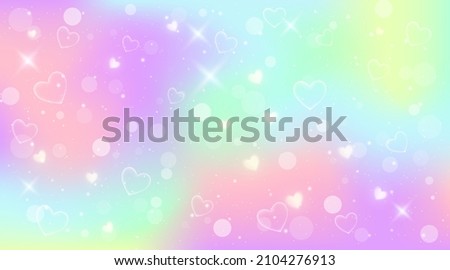 Rainbow fantasy background. Holographic illustration in pastel colors. Cute cartoon girly background. Bright multicolored sky with bokeh and hearts. Vector. Royalty-Free Stock Photo #2104276913