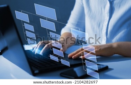 Virtual screen Mindmap or Organigram. Relations of order or subordination between members. Business process and workflow automation with flowchart. Business hierarchy structure. Royalty-Free Stock Photo #2104282697