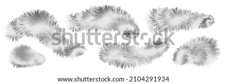 Bushy gray fox fur, furry striped brushes and pompoms, fuzzy and flocky hair shapes, winter design elements isolated on white background. Vector illustration Royalty-Free Stock Photo #2104291934