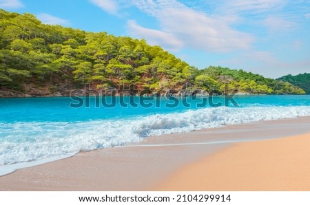 Panoramic view of amazing Oludeniz Beach And Blue Lagoon, Oludeniz beach is best beaches in Turkey - Fethiye, Turkey Royalty-Free Stock Photo #2104299914