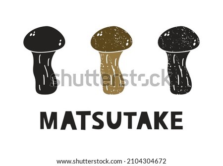 Matsutake mushroom, silhouette icons set with lettering. Imitation of stamp, print with scuffs. Simple black shape and color vector illustration. Hand drawn isolated elements on white background Royalty-Free Stock Photo #2104304672