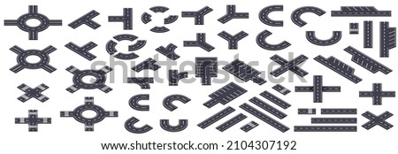 Isometric road and highway vector elements for city map creation. Set of solid objects for highway journey map, path asphalt lines traffic circle car direction. Street an road with crossroad, footpath Royalty-Free Stock Photo #2104307192
