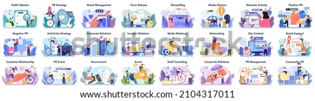 Big public relations set. PR technologies collection. Brand advertising, building arelationships with customer, government and investors. Maintenance of the brand reputation. Flat vector illustration Royalty-Free Stock Photo #2104317011