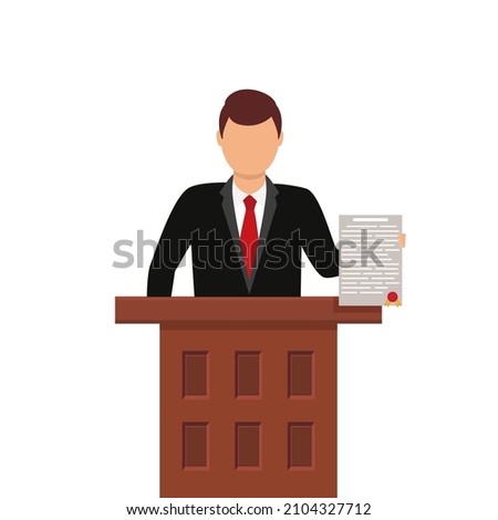 Court prosecutor. Court attorney with document. Legal decision of judge. Evidence of crime. Report document of lawyer, prosecutor and solicitor. Concept law and justice. Vector. Royalty-Free Stock Photo #2104327712
