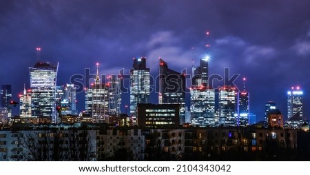 Warsaw city center panorama by night, business center 2022 Royalty-Free Stock Photo #2104343042