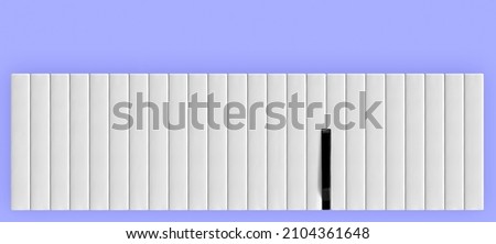 Abstract surreal texture with black piano key among white piano keys isolated on purple-blue background. Creative wallpaper. Note card idea. Concept of music festival or concert. Minimal flat lay.