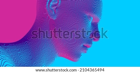 Abstract digital human head constructing from cubes. Minimalistic design for business presentations, flyers or posters. Technology and robotics concept. Voxel art. 3D vector illustration. Royalty-Free Stock Photo #2104365494