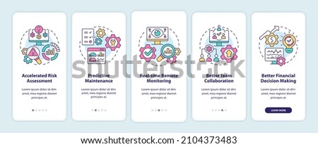 Digital twin benefits onboarding mobile app screen. Risk assessment walkthrough 5 steps graphic instructions pages with linear concepts. UI, UX, GUI template. Myriad Pro-Bold, Regular fonts used Royalty-Free Stock Photo #2104373483