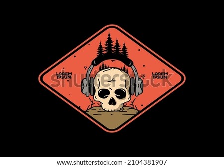 Skull head with headphone and pine trees illustration design