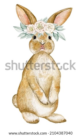 Watercolor illustration card with bunny in wreath of eucalyptus and flowers. Isolated on white background. Hand drawn clipart. Perfect for card, postcard, tags, invitation, printing, wrapping.