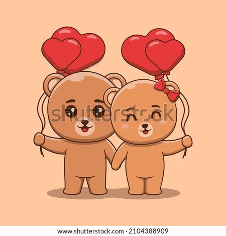 Cute Valentine's day bear couple holding heart shaped balloons