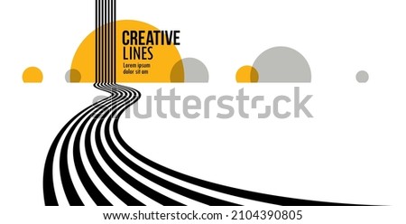 Future lines in 3D perspective vector abstract background, black and yellow linear composition, road to horizon and sky concept, optical illusion op art. Royalty-Free Stock Photo #2104390805