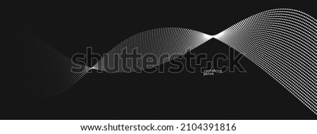 Smooth and relaxing shape vector abstract background with wave of flowing particles over black, curve lines of dots in motion, tranquil and soft image.
