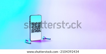 Qr code mobile. Digital smart phone with qr code scanner on smartphone screen for online pay, scan barcode technology on neon background. Qrcode payment, online shopping, cashless technology concept.
