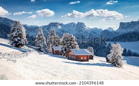Frosty morning view of Alpe di Siusi village. Breathtaking winter landscape of Dolomite Alps. Majestic outdoor scene of ski resort, Ityaly, Europe. Beauty of nature concept background. Royalty-Free Stock Photo #2104396148