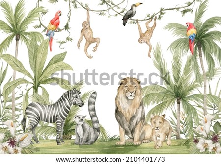 Watercolor composition with African animals and natural elements. Lion, zebra, monkeys, parrots, palm trees, flowers. Safari wild creatures. Jungle, tropical illustration for nursery wallpaper