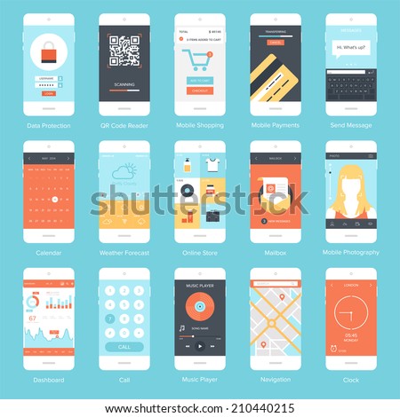 Flat vector collection of modern mobile phones with different user interface elements. Royalty-Free Stock Photo #210440215